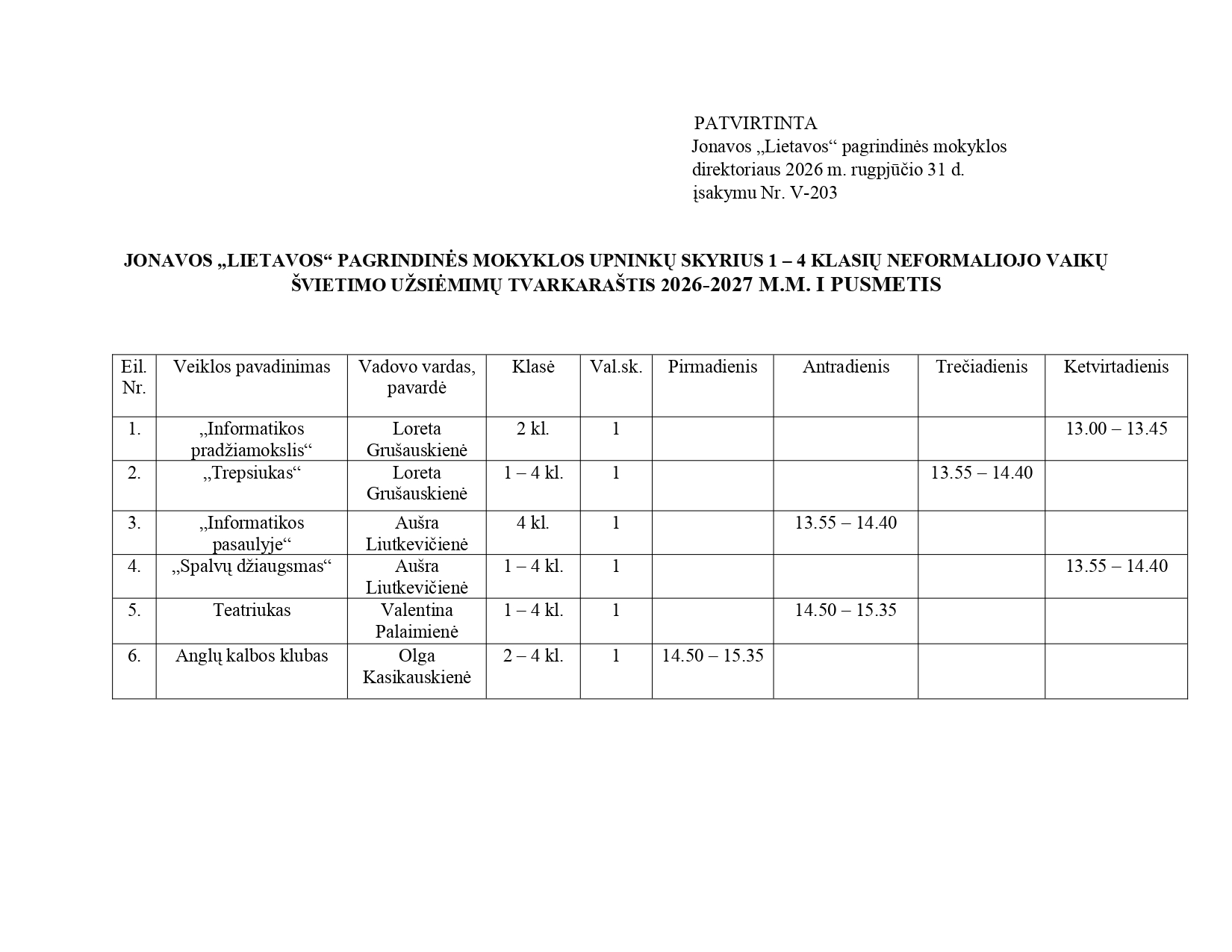 Upninkų skyriaus neformaliojo švietimo pamokų tvarkaraštis 2026-2027 m. m. I pusmetis