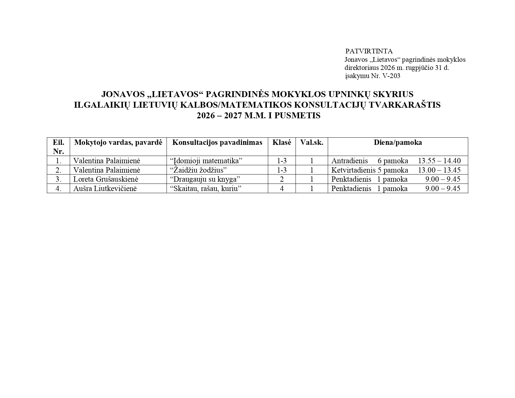 Upninkų skyriaus ilgalaikių konsultacijų tvarkaraštis 2026-2027 m. m. I pusmetis